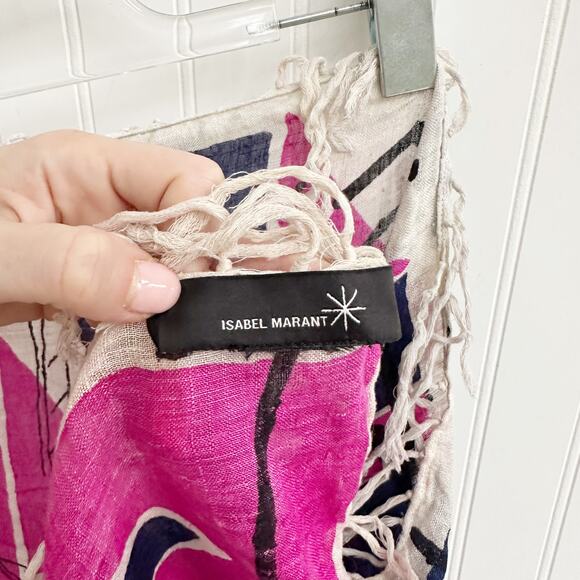 Isabel Marant Raw Silk Scarf Fringe I'm Not Your Mother Pink Navy - Picture 2 of 3